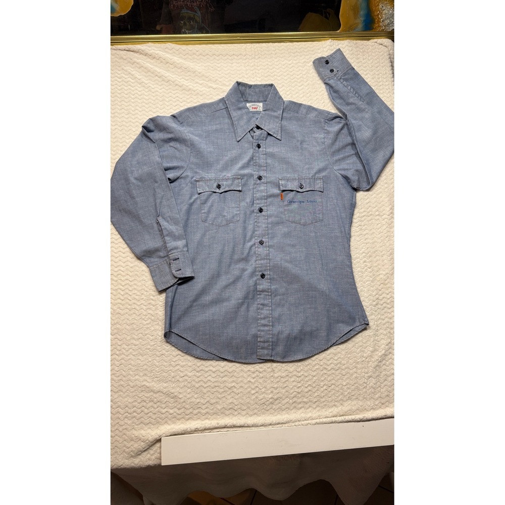 Vintage Levis Orange Tab Blue Work Shirt Grandpa Fix-It Painted Graphic Large